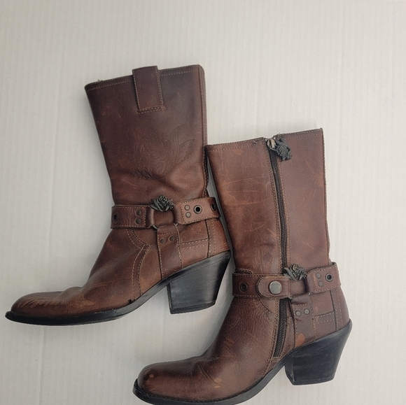 Mark Nason Leather Siren Boots  Sz 7 Harness Distressed Squared Toe Brown - Picture 3 of 12